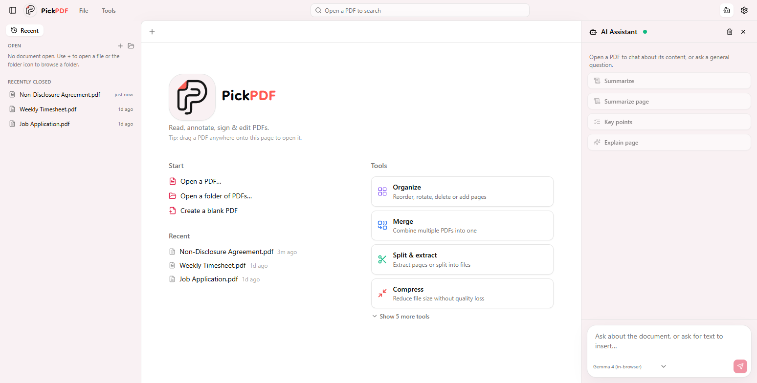 PickPDF home screen with the AI assistant open